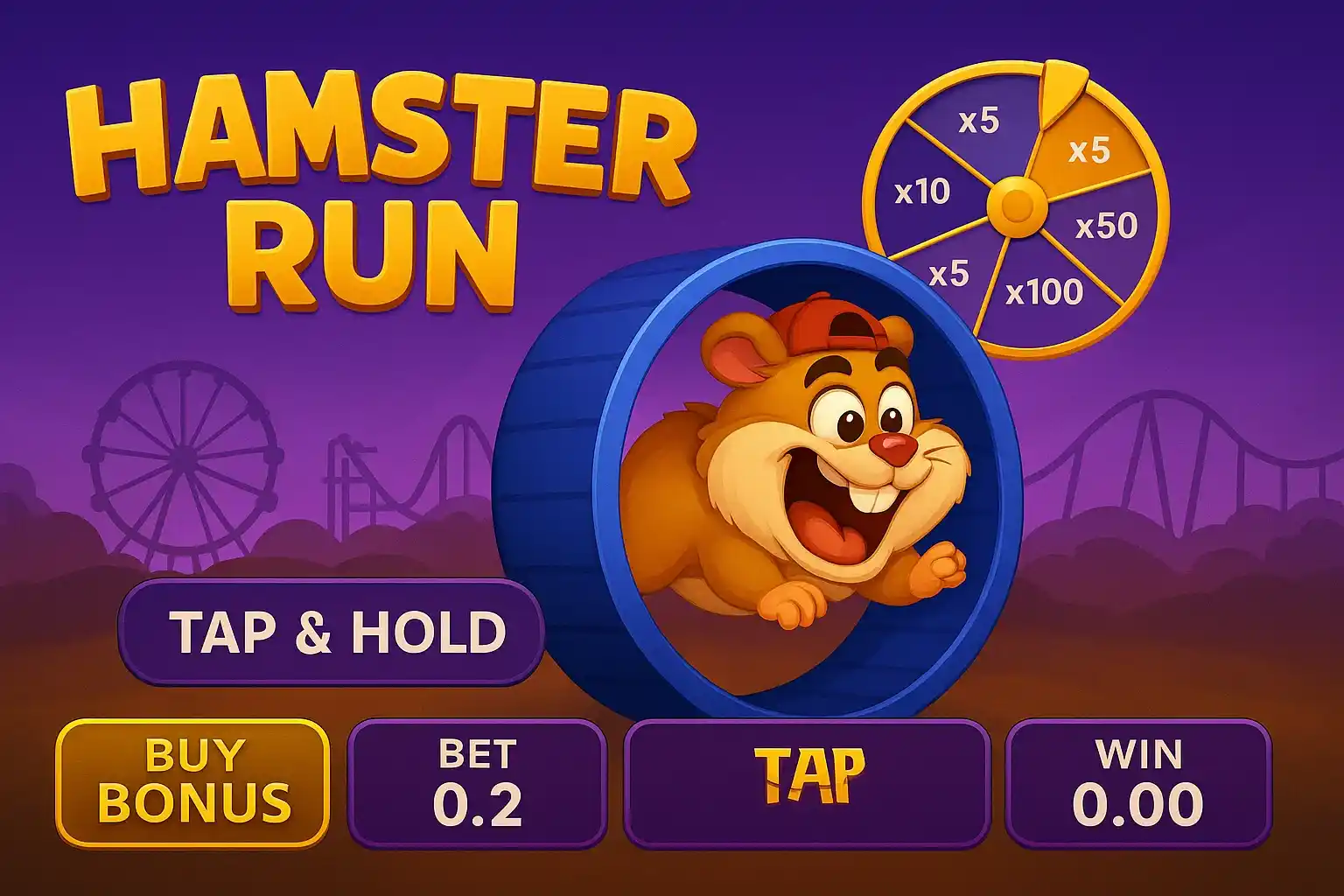 Cartoon hamster running in a blue exercise wheel with a spinning multiplier wheel in the background