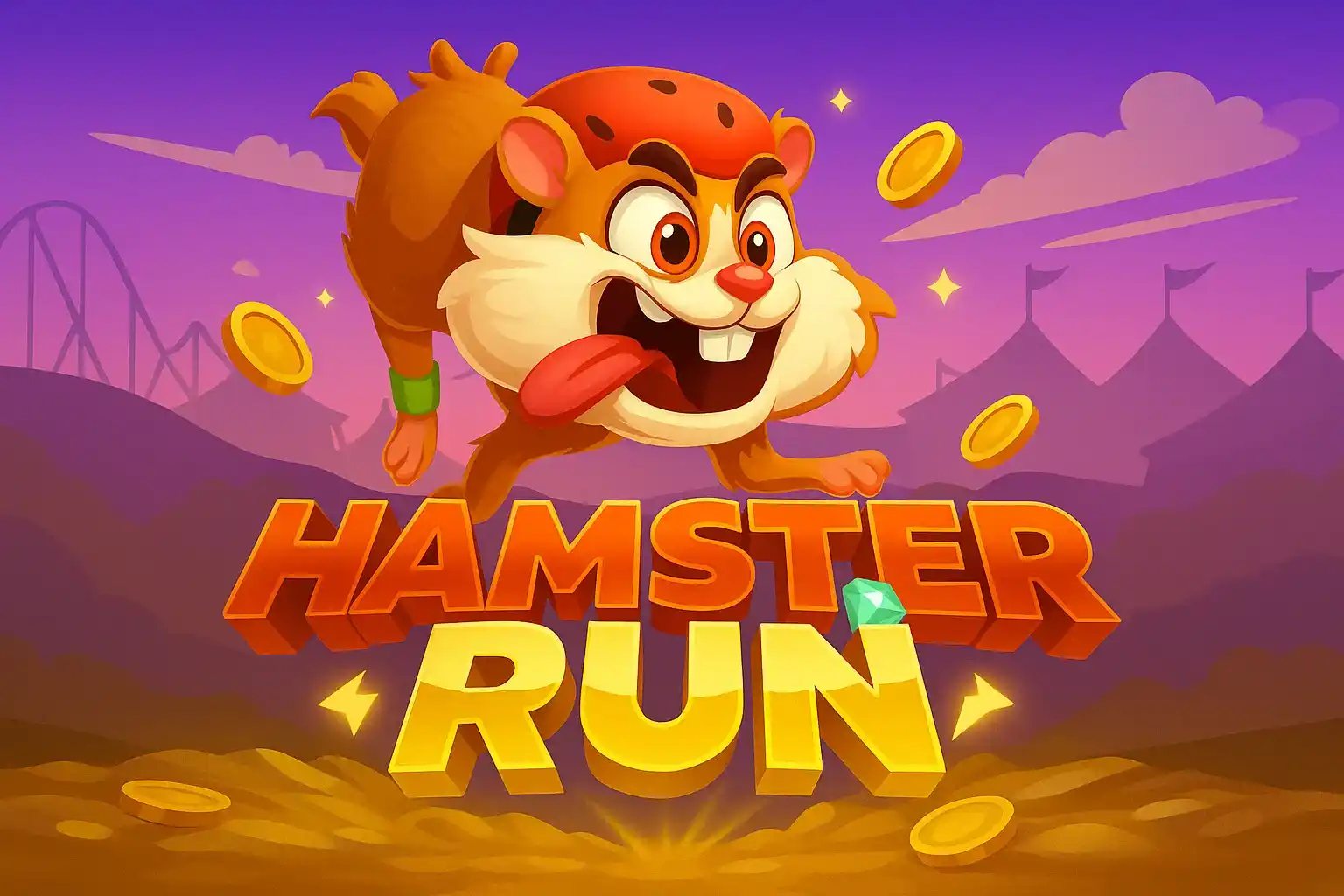 Energetic hamster jumping through golden coins with an amusement park backdrop