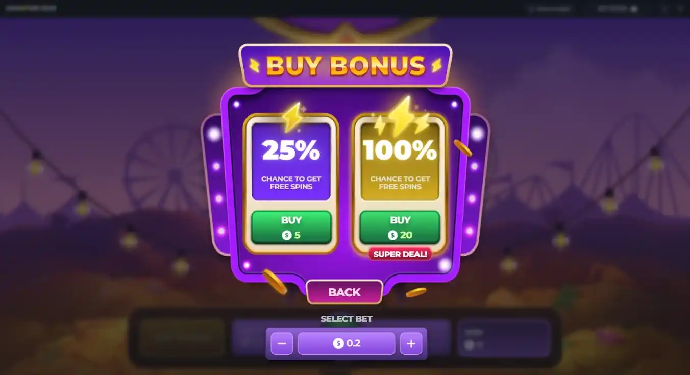Bonus offer popup showing 25% and 100% chances to win free spins