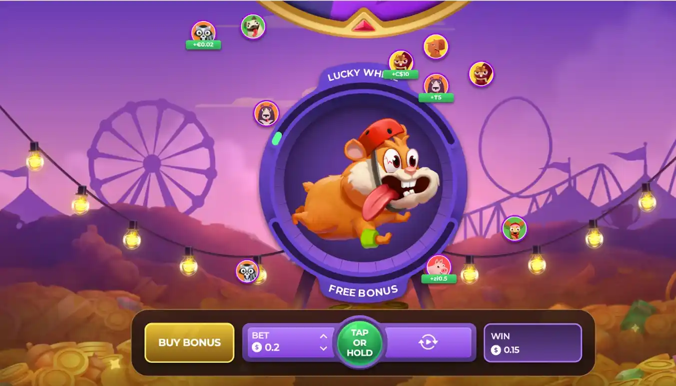 Game screen featuring a running hamster on a wheel surrounded by avatars and decorative carnival